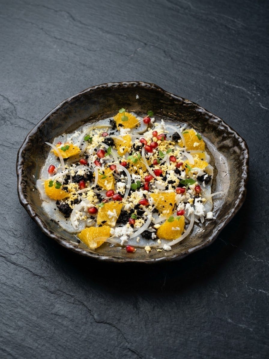 Remojón granaíno de La Granada GRX: bacalao curado con naranja, granada, yema y aceituna negra sobre pizarra