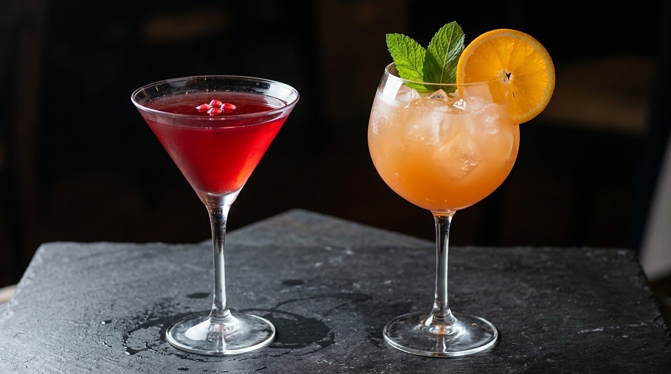Dos cócteles sobre una barra oscura, uno rojo con piel de naranja y otro naranja con menta